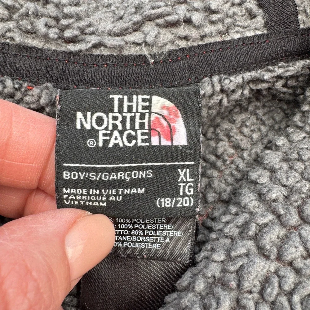 The North Face Orange Fleece Hooded Jacket Boys XL Full Zip‎ Logo Pocket Warm